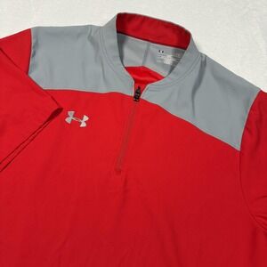 Under Armour Shirt Mens Large Red Gray Half Zip Short Sleeve Golf Loose Top